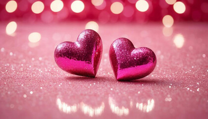 Obraz premium Two heart-shaped ornaments, positioned slightly off-center, rest on a surface covered in pink glitter. Happy Valentines Day, Valentines Day Background.