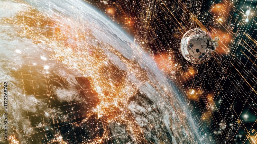 Poster telecom satellite orbiting earth with futuristic holographic data connections