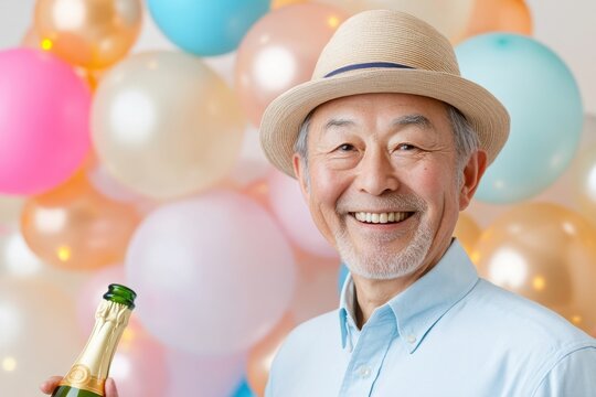 Happy senior man celebrating with sparkling wine against a colorful balloon background