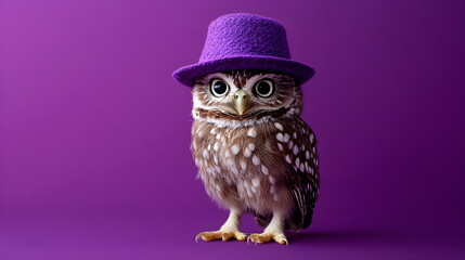 Obraz premium Charming owl wearing a purple hat against a vibrant purple background, creating a fun and whimsical atmosphere, perfect for fashion, wildlife, and playful concepts