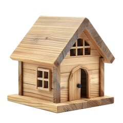A charming miniature wooden house with a gabled roof  windows  and a small door.