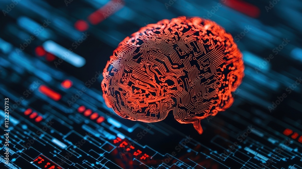 Poster a vivid digital rendering of a brain in red, set against a backdrop of abstract, glowing data patter