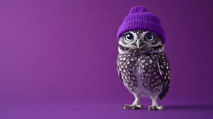 Obraz premium Charming owl wearing a purple hat against a vibrant purple background, creating a fun and whimsical atmosphere, perfect for fashion, wildlife, and playful concepts