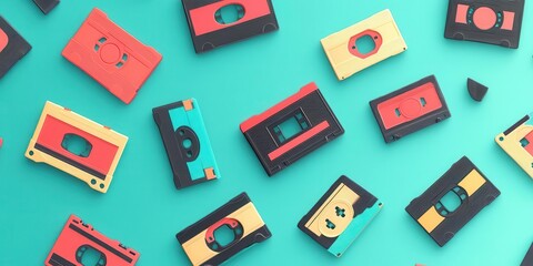 A colorful arrangement of vintage cassette tapes on a teal background.