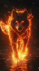 Fiery Wolf: A Blazing Inferno Across the Dark Waters
