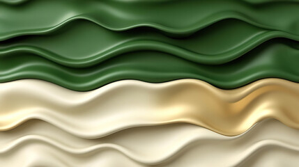 Obraz premium Waves of fabric in green, gold, and white tones, arranged fluidly and elegantly, with a minimalist design conveying luxury and softness. Generated with AI.