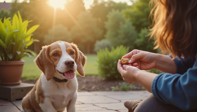 Beagle puppy learning to sit eagerly for a treat in a sunny garden