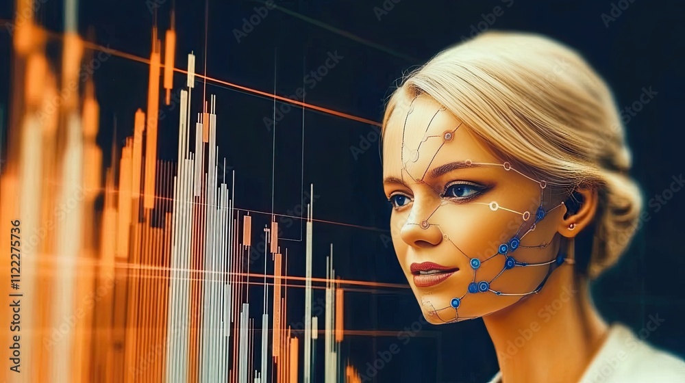 Aufkleber Intelligent Robot Trading at a Futuristic Finance Hub With Data Visualizations