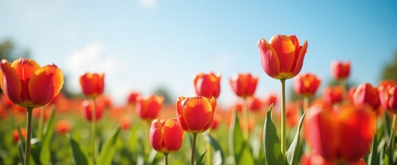Obraz premium Vibrant Red Tulips Blooming in Spring Field Against Clear Blue Sky