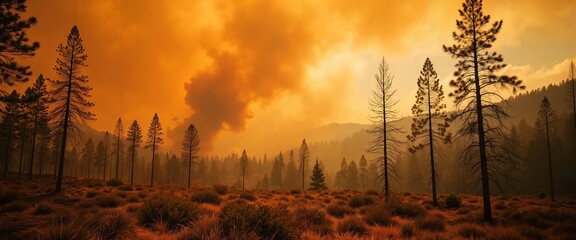 Dramatic forest fire with billowing smoke against orange sky in mountain landscape