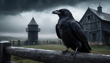 Fototapeta premium A Raven Perched on a Fence, Dark and Mysterious Atmosphere at an Old Farm with a Tower under a Stormy Sky