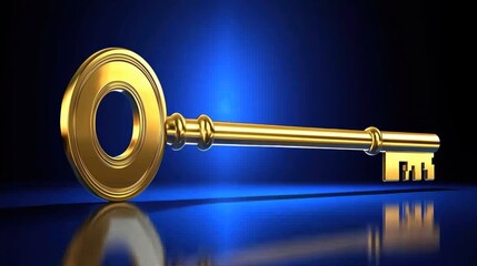 Golden Key on Blue Background with Reflection and Shine Effect