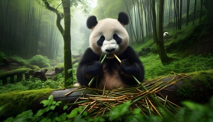Obraz premium Playful Panda Bear Chewing Bamboo in Greenery