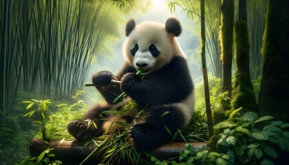 Fototapeta premium Adorable Giant Panda Enjoying Bamboo in Its Natural Habitat