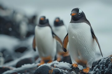 Fototapeta premium Gentle Penguins Waddling on Rocky Shoreline Towards Ocean
