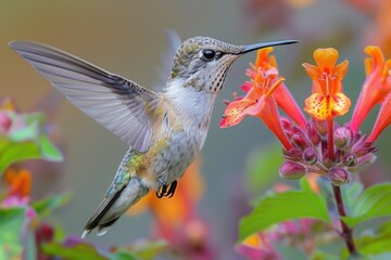 Obraz premium Hummingbird Feeding on Vibrant Red Flower
