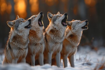 Naklejka premium Howling Wolves Silhouetted Against Twilight Sky