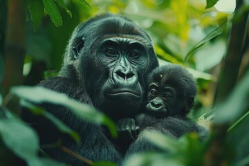 Obraz premium Mother Carrying Baby in Lush Jungle Environment