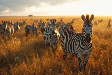 Obraz premium Peaceful Zebras Grazing in the Savanna at Sunset
