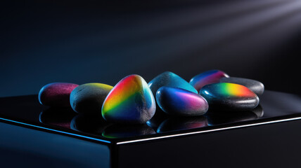 A collection of colorful, iridescent pebbles arranged artistically on a reflective surface,...