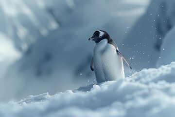 Obraz premium Playful Penguin Sliding Down Icy Slope in Soft Daylight