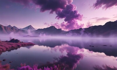 Fototapeta premium Clouds of purple smoke floating above a deserted lake, soft focus, serene landscape