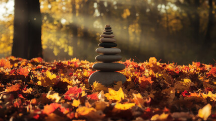 Obraz premium A tranquil scene of stacked stones surrounded by vibrant autumn leaves, capturing the essence of peace and nature's beauty in warm, soft light.