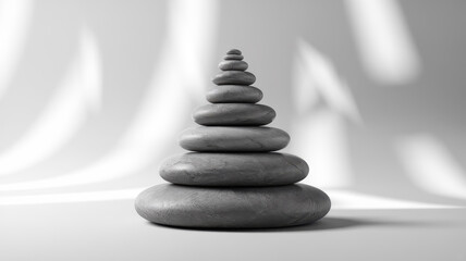 Obraz premium A serene stack of gray pebbles arranged in ascending order, showcasing balance and harmony against a minimalist background.