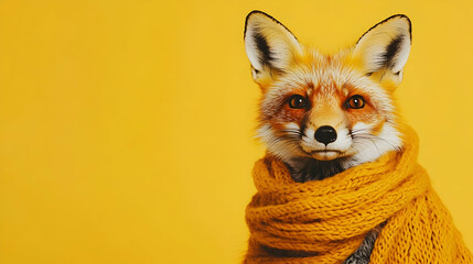 Obraz premium Playful fox wearing a yellow scarf against a bright yellow background, standing on the side of the image, looking forward at the camera, portrait --ar 16:9