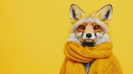 Obraz premium Playful fox wearing a yellow scarf against a bright yellow background, standing on the side of the image, looking forward at the camera, portrait --ar 16:9
