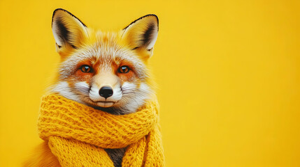 Obraz premium Playful fox wearing a yellow scarf against a bright yellow background, standing on the side of the image, looking forward at the camera, portrait --ar 16:9
