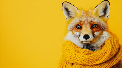 Playful fox wearing a yellow scarf against a bright yellow background, standing on the side of the image, looking forward at the camera, portrait --ar 16:9
