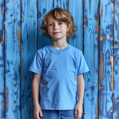 Fototapeta premium Young boy wearing a blue shirt stands in front of a blue wall