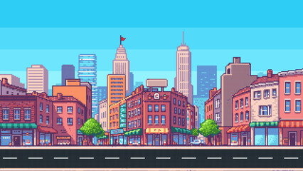 pixel art game level vector background, 8 bit cityscape, day light city arcade video game, pixelated city with skyscrapers, downtown landscape  © hiten666