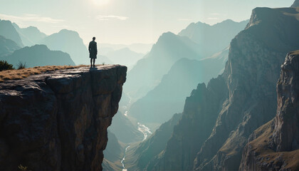 Person standing on a cliff contemplating life and imposter syndrome in a breathtaking mountain landscape