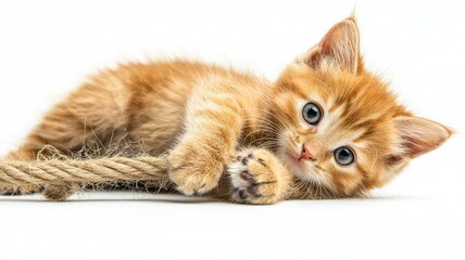 Fototapeta premium A playful orange kitten lies on its side, engaging with a piece of rope while displaying its curious blue eyes and soft fur.