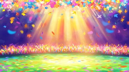 Colorful confetti falls onto a vibrant green field with bright light