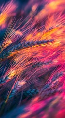 Fototapeta premium Vibrant sunset hues illuminate a field of wheat, creating a surreal and colorful scene.