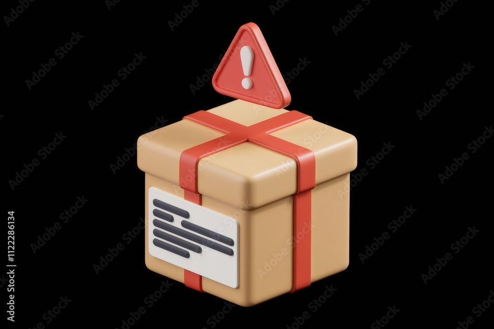 Poster A 3D rendering of a packaged box with an alert sign indicating a potential delivery issue.