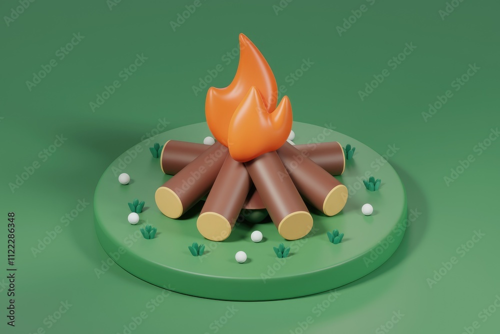 Poster a stylized 3d rendering of a campfire with logs and flames on a green platform.