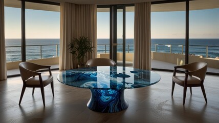 Obraz premium Ocean-view living room with unique blue resin coffee table and beige armchairs.