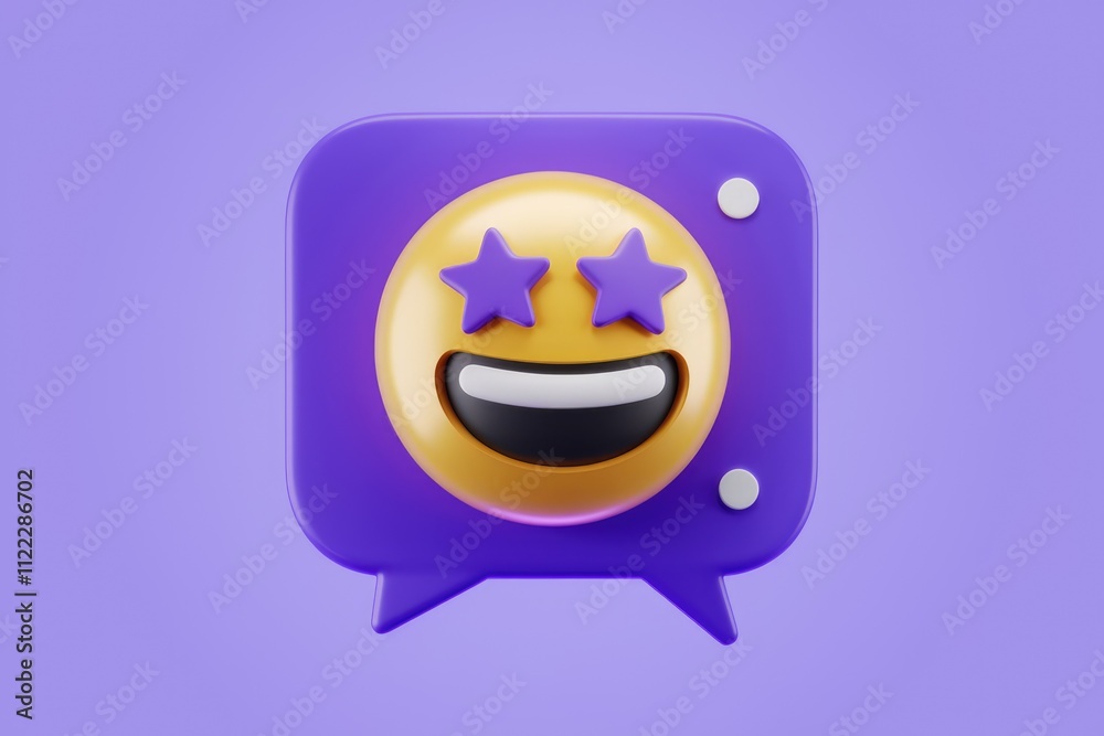 Poster a 3d rendering of a smiling emoticon with stars for eyes inside a purple speech bubble.
