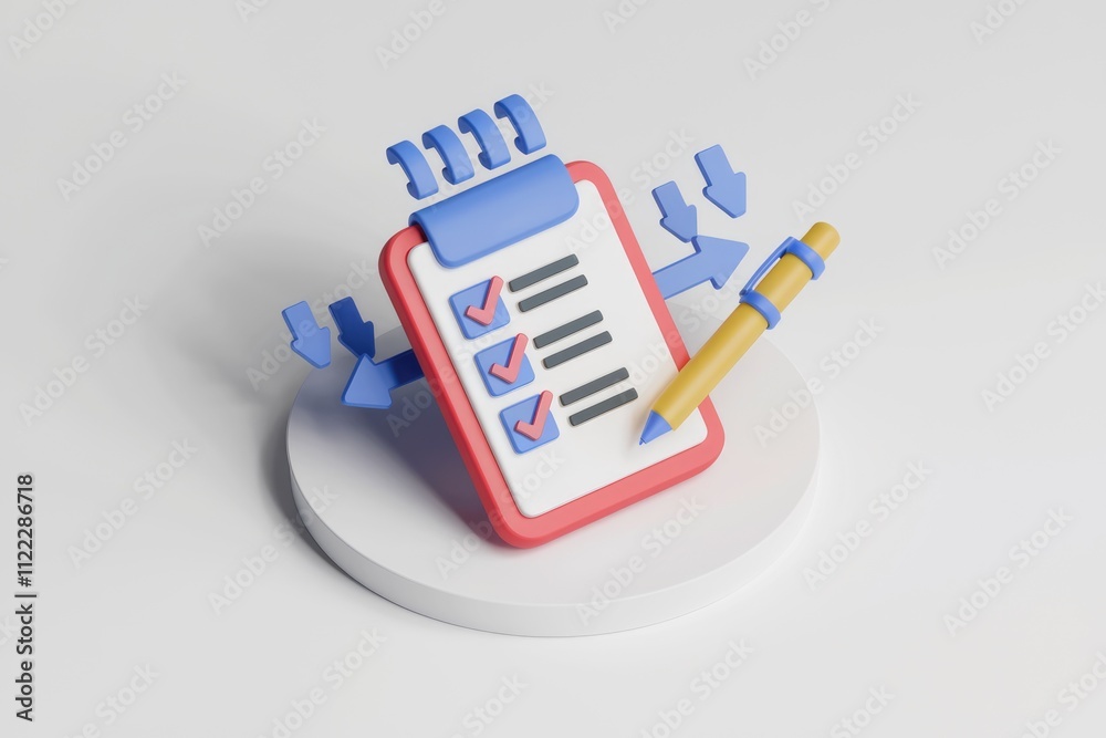 Aufkleber A 3D rendering of a checklist with arrows indicating task management and completion.