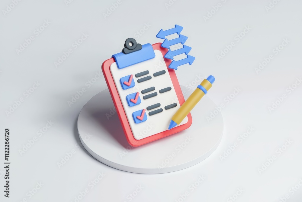 Poster 3D rendering of a checklist with upward arrows, signifying progress and task completion.