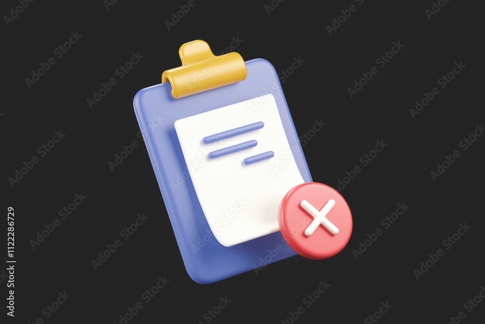 Aufkleber 3D rendering of a clipboard with a rejected document, symbolizing a failed task or incomplete process.
