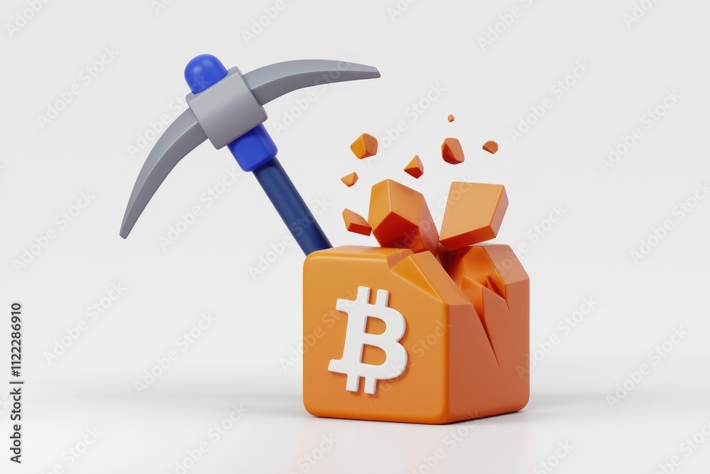 Poster a pickaxe smashes a bitcoin cube, symbolizing cryptocurrency mining or volatility.