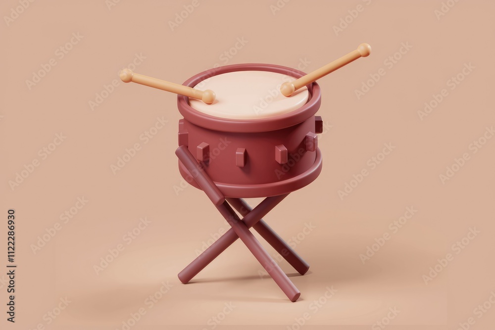 Poster A 3D rendered image of a small, red drum with two drumsticks on a stand.
