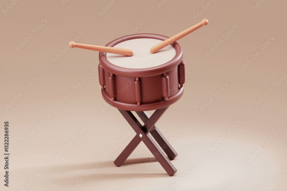 Poster a brown cartoon drum with two drumsticks rests on a simple x-shaped stand.