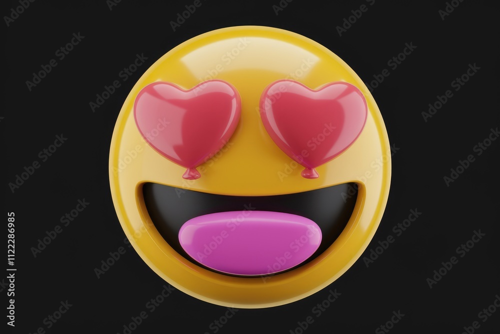 Poster a 3d rendering of a happy emoticon with heart-shaped eyes, expressing love and joy.