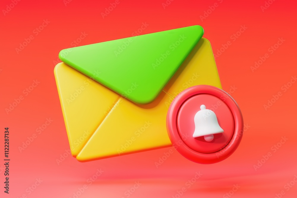 Fototapete 3D render of a colorful envelope with a notification bell, indicating a new message.